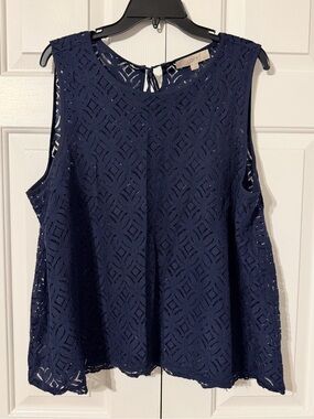 LOFT Navy Geometric Lace Sleeveless Camisole with Tie Back Detail